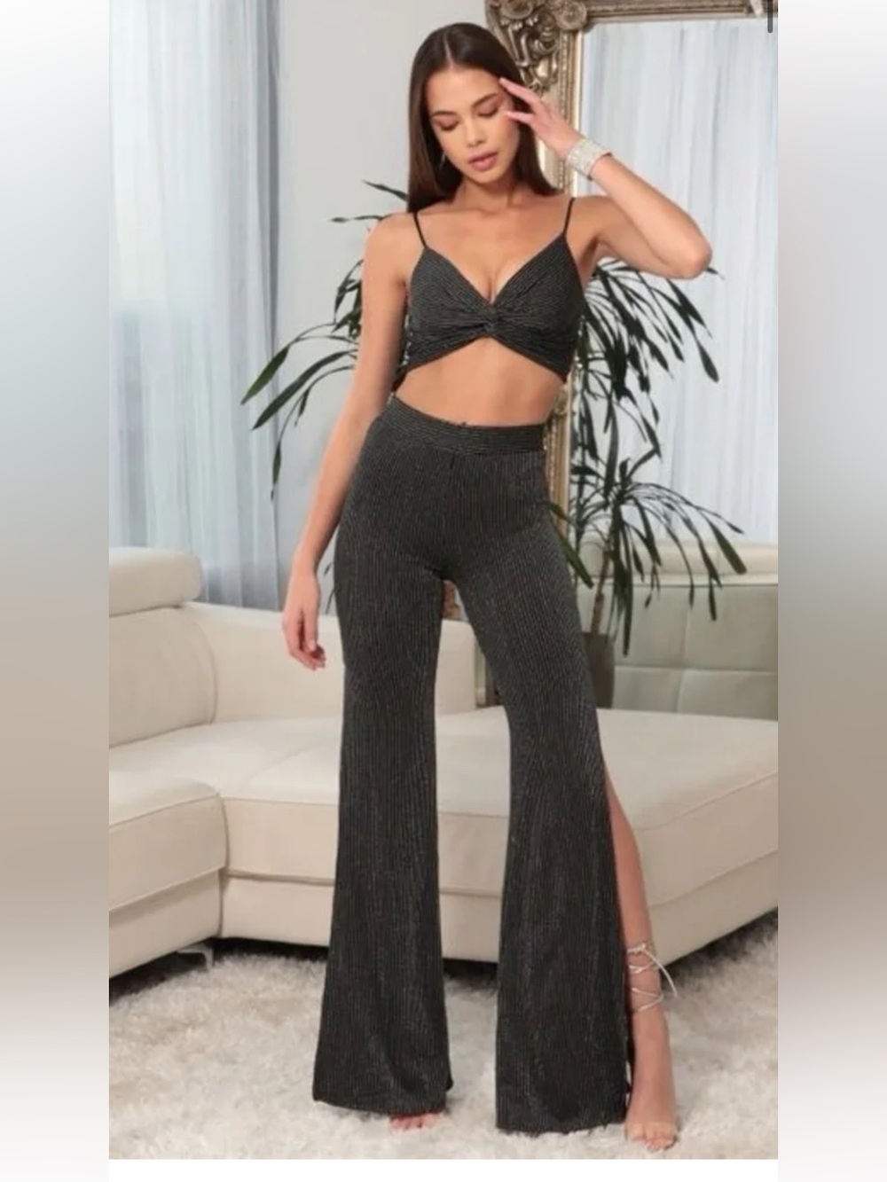 Lucy in the Sky Black Metallic Ribbed Wide Leg Jumpsuit